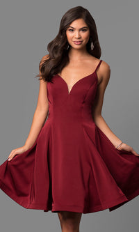 Burgundy Short V-Neck A-Line Party Dress by Dave and Johnny