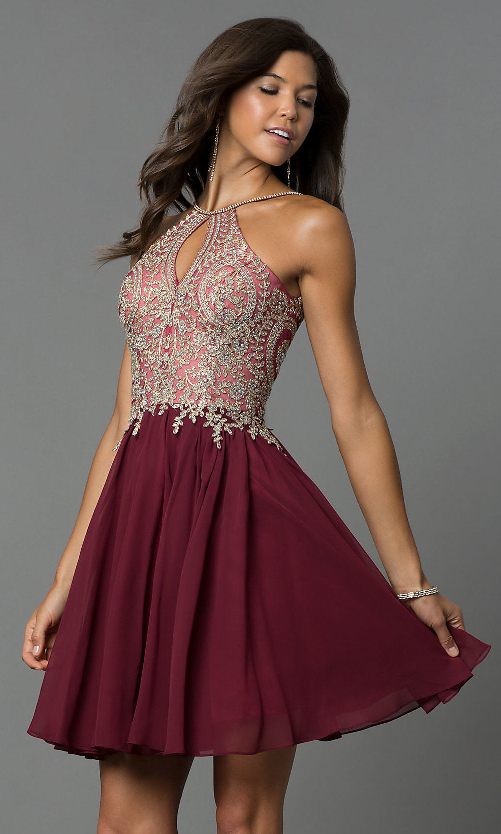  Short Homecoming Dress with Beaded High-Neck Bodice