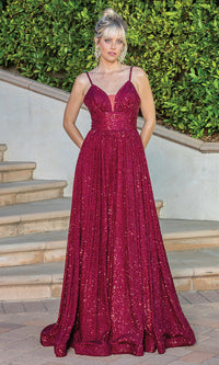 Burgundy Long Sequin A-Line Prom Dress with Empire Waist