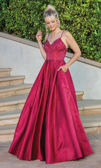 Burgundy A-Line Long Beaded Prom Dress with Pockets