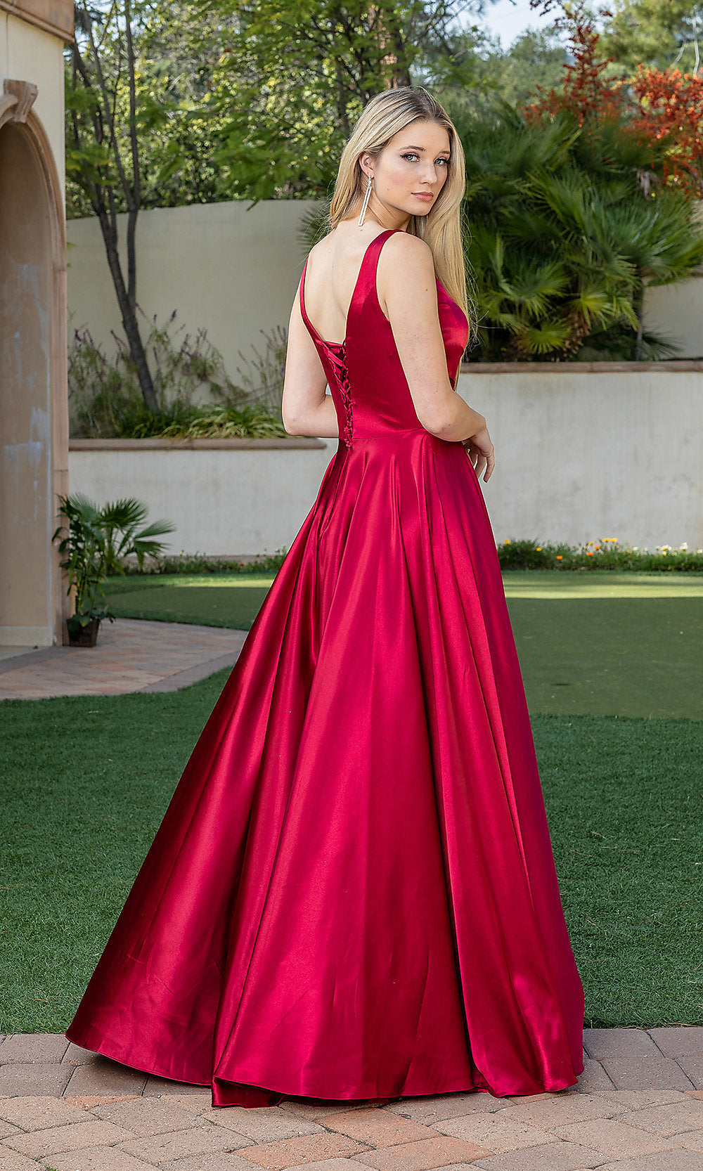 Corset-Back Wrap-Bodice A-Line Prom Dress - PromGirl Burgundy / Small Corset-Back Wrap-Bodice A-Line Prom Dress - PromGirl Burgundy / Small