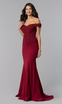 Burgundy Off-Shoulder Beaded Lace-Bodice Long Formal Dress
