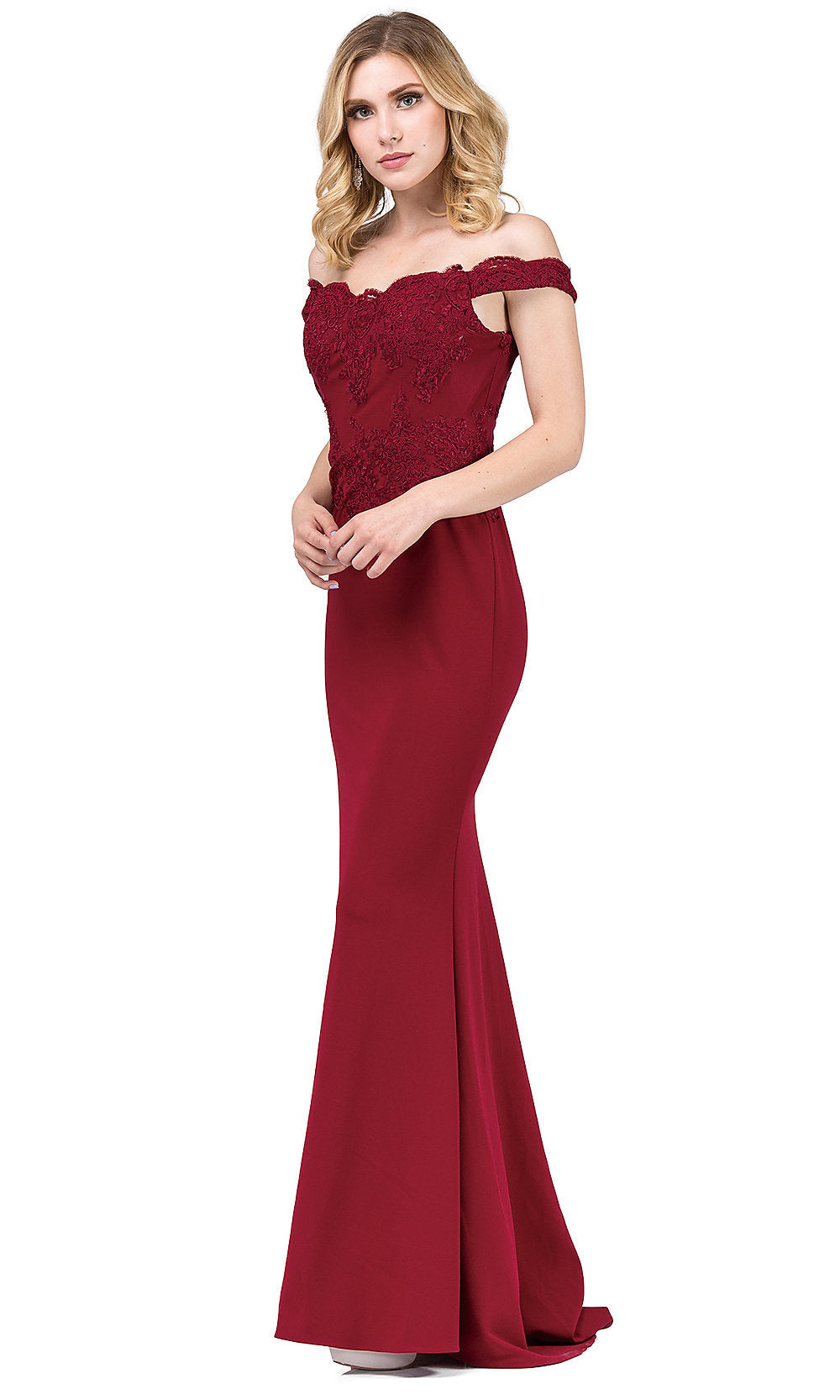 Burgundy Embroidered Off-the-Shoulder Sweetheart Prom Gown