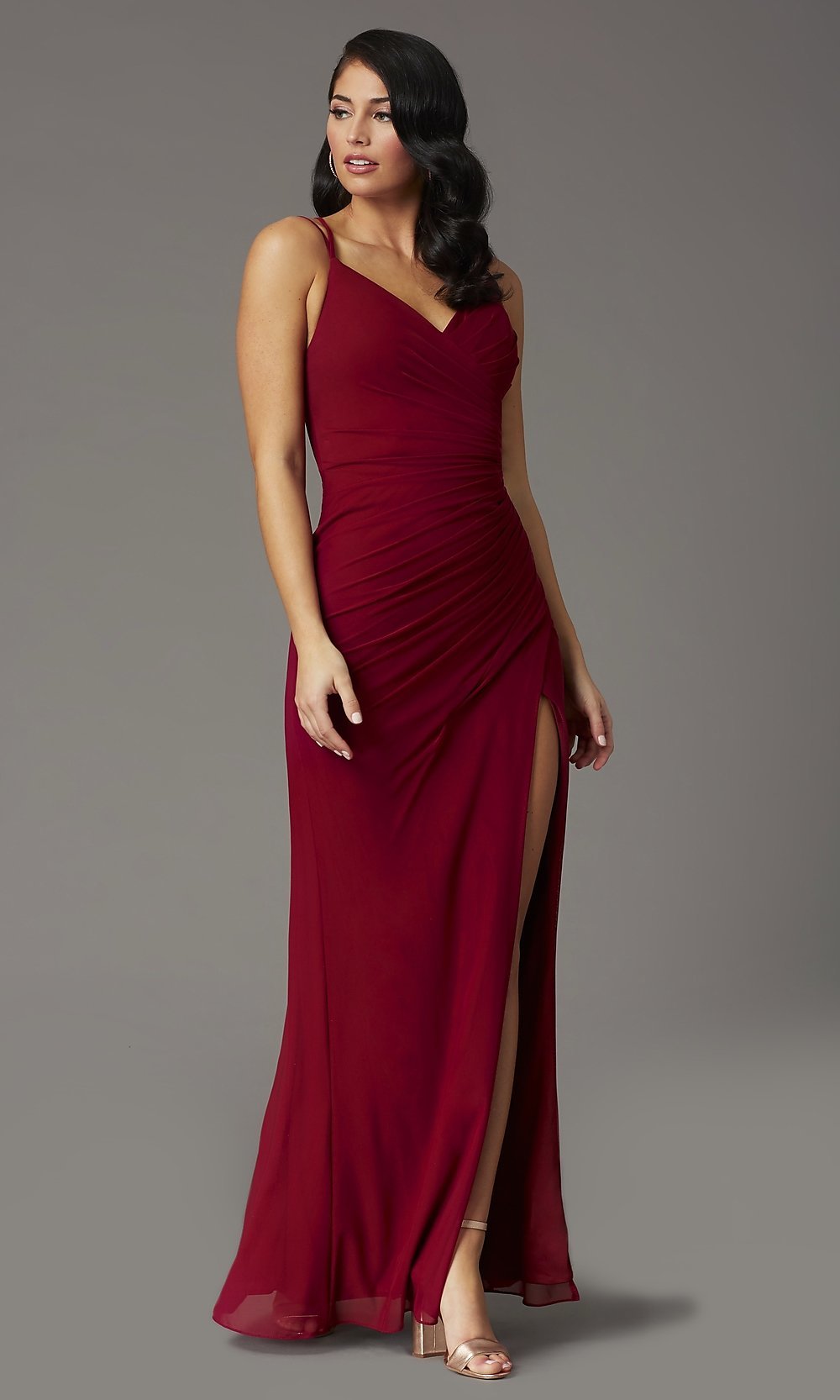 Burgundy V-Neck Ruched Long Classic Formal Gown