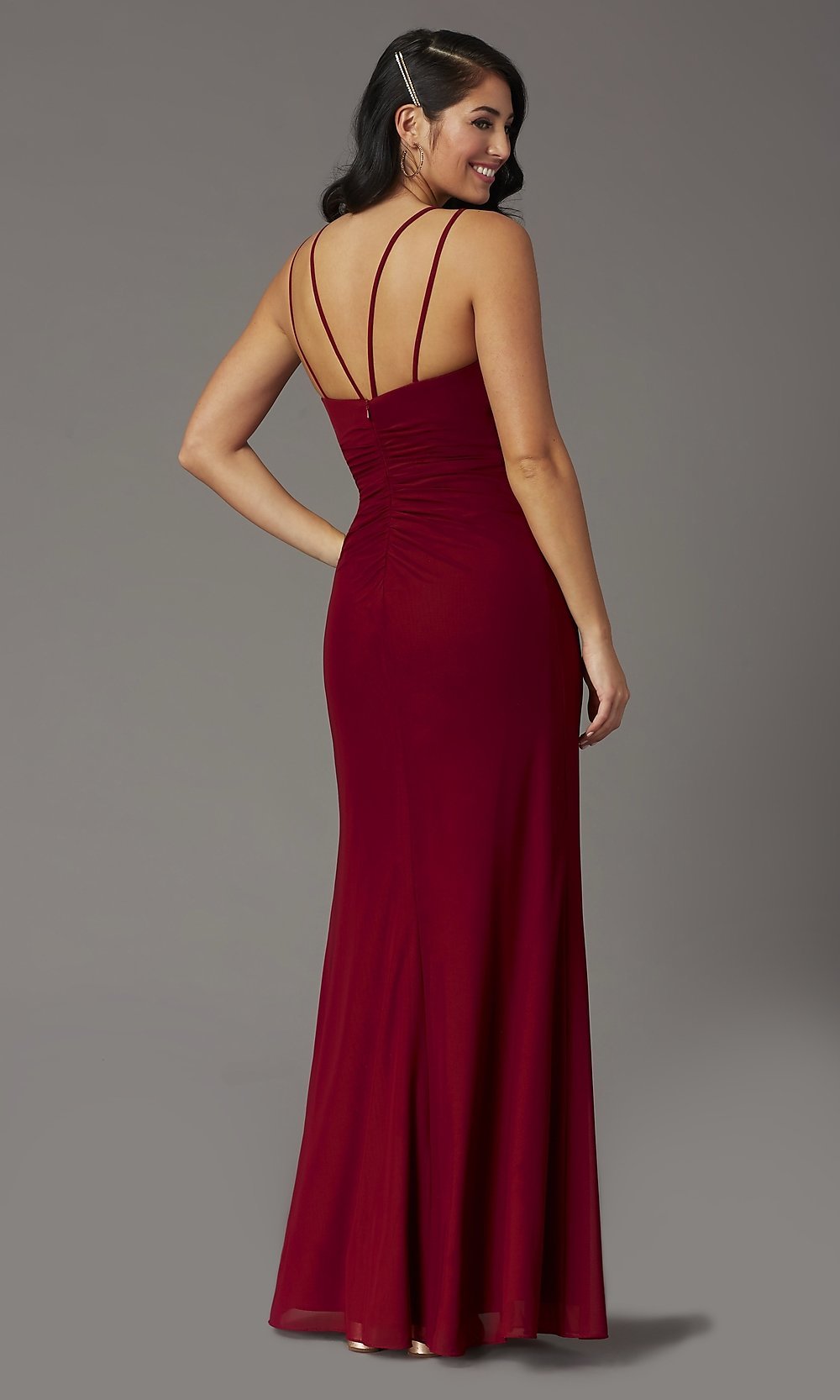  V-Neck Ruched Long Classic Formal Gown