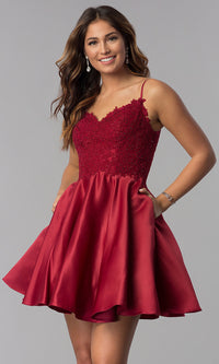 Burgundy Short Lace-Applique-Bodice A-Line Homecoming Dress