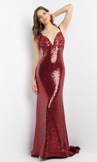 Burgundy Strappy Sequin Long Prom Gown from JVN by Jovani
