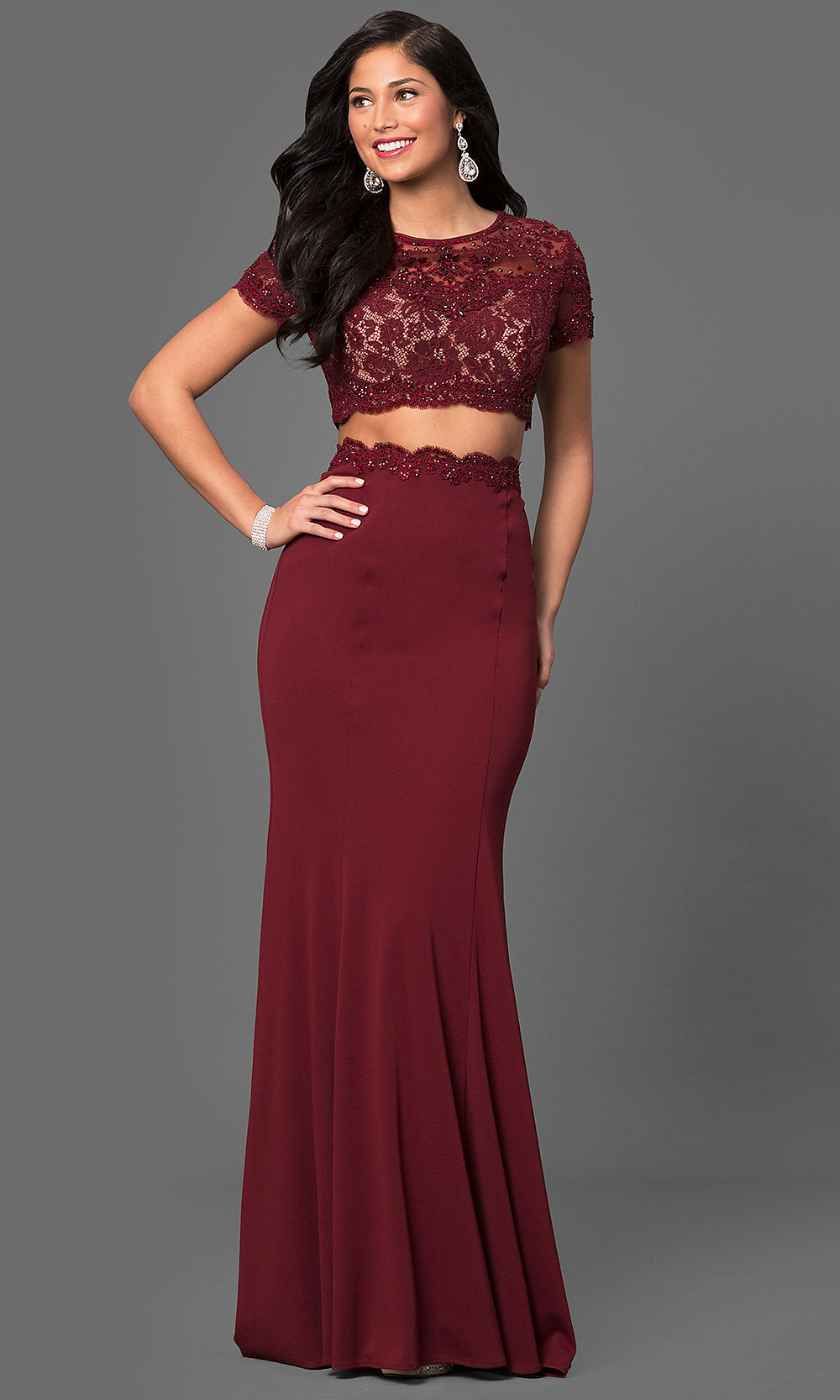 Burgundy Two-Piece Prom Dress with Short-Sleeve Crop Top
