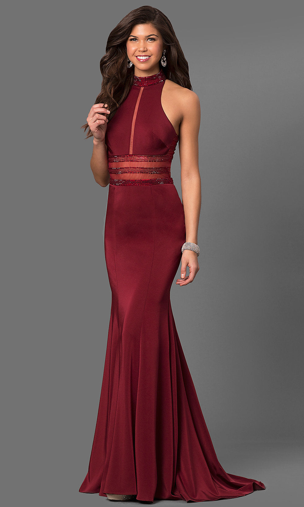 Burgundy High-Neck Back Cut-Out Long Prom Dress