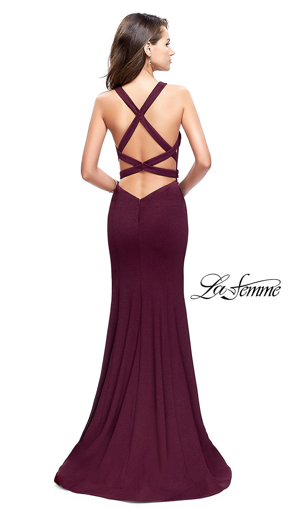  La Femme Strappy Burgundy Red Long Formal Dress