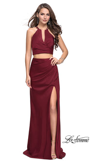 Burgundy La Femme Long Two-Piece Prom Dress with Train