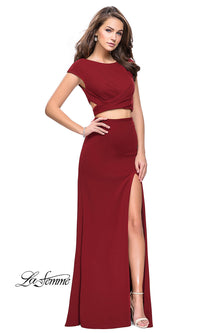 Burgundy Two-Piece Scoop Neck Long La Femme Prom Dress