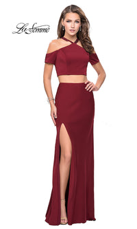 Burgundy Two-Piece Cold-Shoulder Prom Dress by La Femme