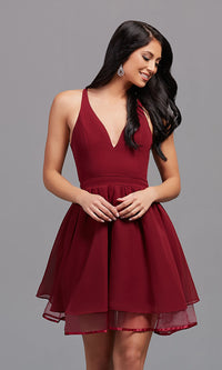 Burgundy Chiffon Short V-Neck Homecoming Dress with Lace Back