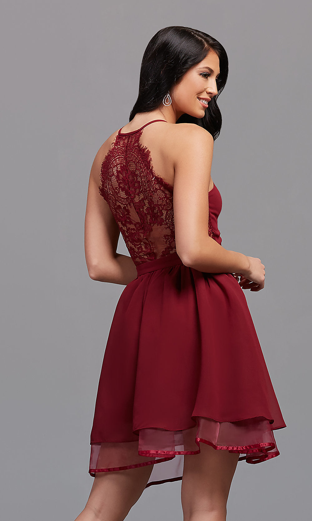  Chiffon Short V-Neck Homecoming Dress with Lace Back