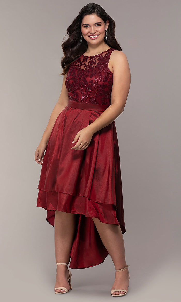 Burgundy Simply Plus-Size High-Low Prom Dress with Sequins