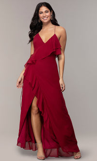 Burgundy Ruffled Chiffon V-Neck Long Simply Prom Dress