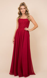 Burgundy Lace-Bodice Long Formal Gown with Strappy Back