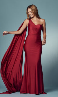 Burgundy One-Shoulder Long Formal Gown with Draped Sleeve