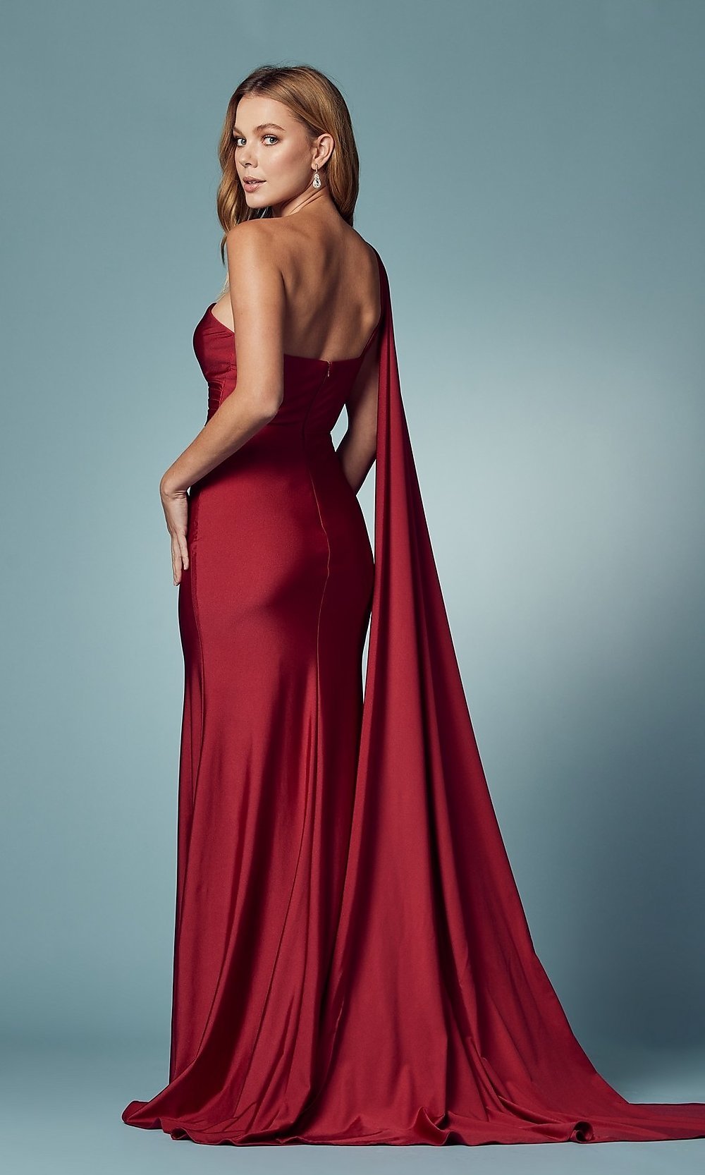 One-Shoulder Long Formal Gown with Draped Sleeve Burgundy / 2 One-Shoulder Long Formal Gown with Draped Sleeve Burgundy / 2