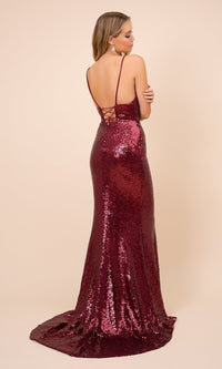  Corset-Back V-Neck Long Sequin Formal Prom Dress