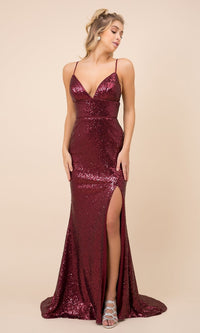  Corset-Back V-Neck Long Sequin Formal Prom Dress