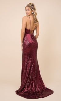  Corset-Back V-Neck Long Sequin Formal Prom Dress