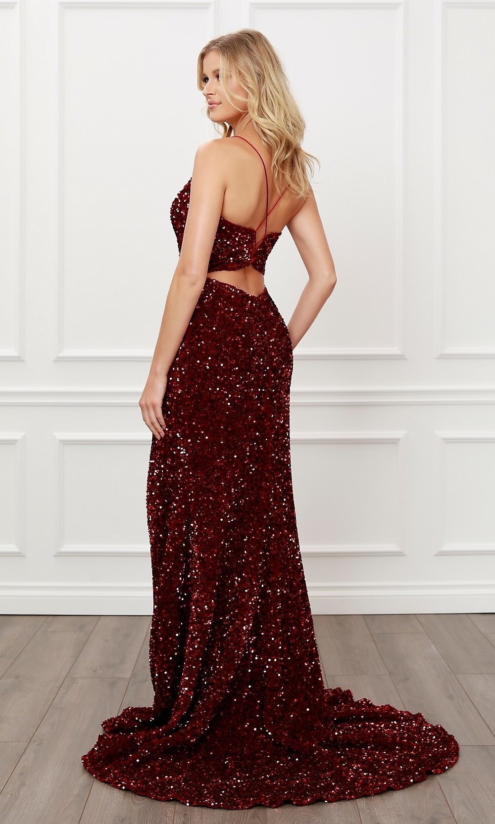 Long Cut-Out Burgundy Red Sequin Formal Prom Dress