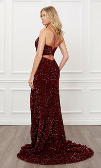  Back Cut-Out Burgundy Red Sequin Formal Prom Dress