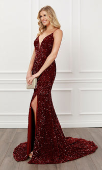  Back Cut-Out Burgundy Red Sequin Formal Prom Dress