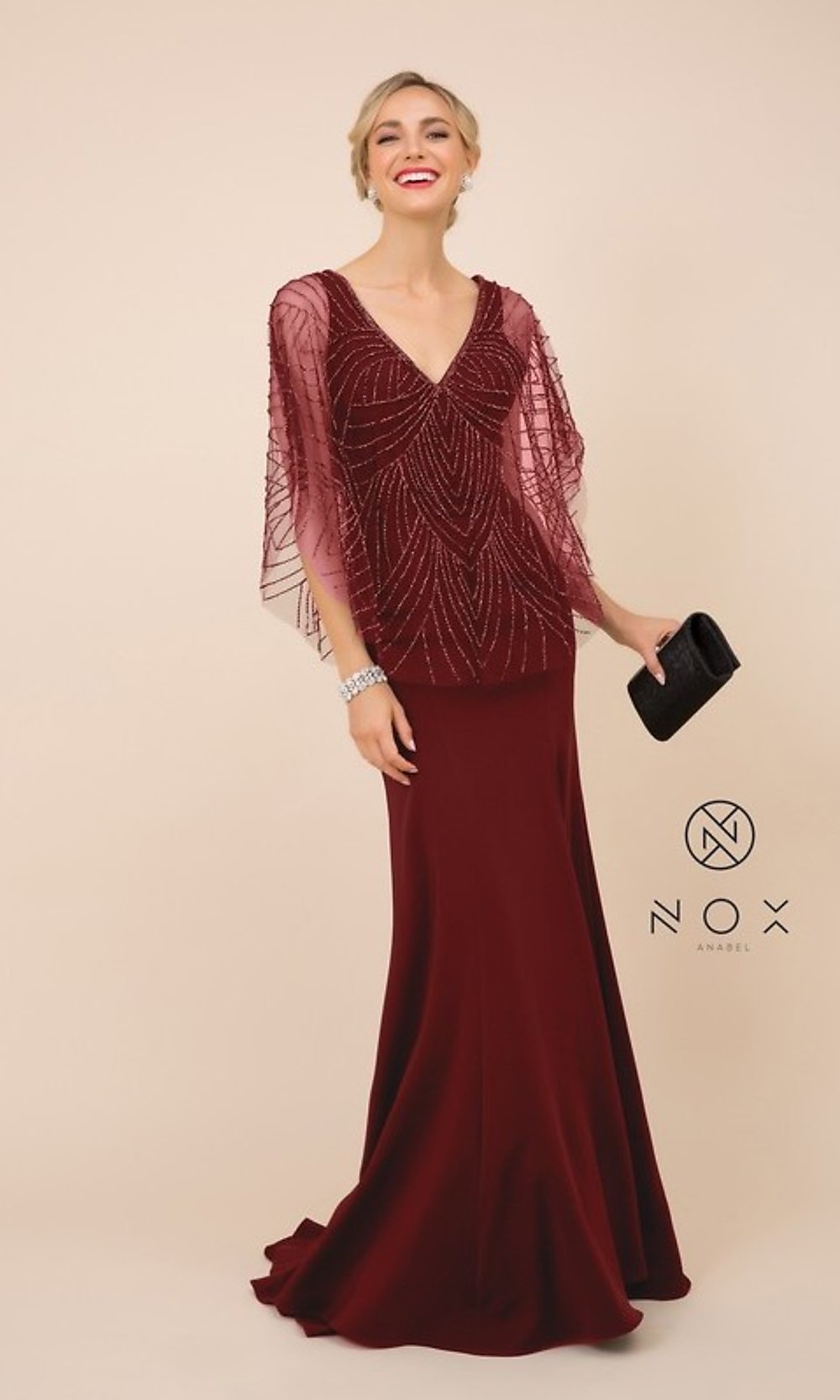 Burgundy V-Neck Beaded Cape Long Women's Formal Gown