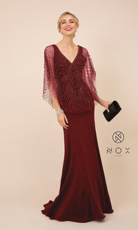 Burgundy V-Neck Beaded Cape Long Women's Formal Gown