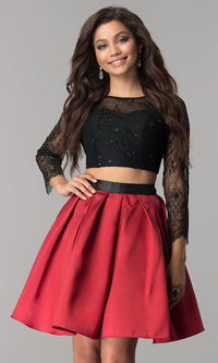 Burgundy/Black Lace and Satin Two-Piece Short Homecoming Dress