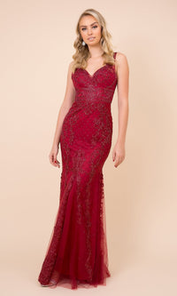 Burgundy Deep V-Back Long Prom Dress with Beaded Embroidery