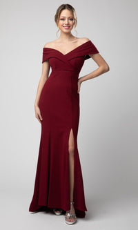 Burgundy Shail K Long Off-the-Shoulder V-Neck Prom Dress