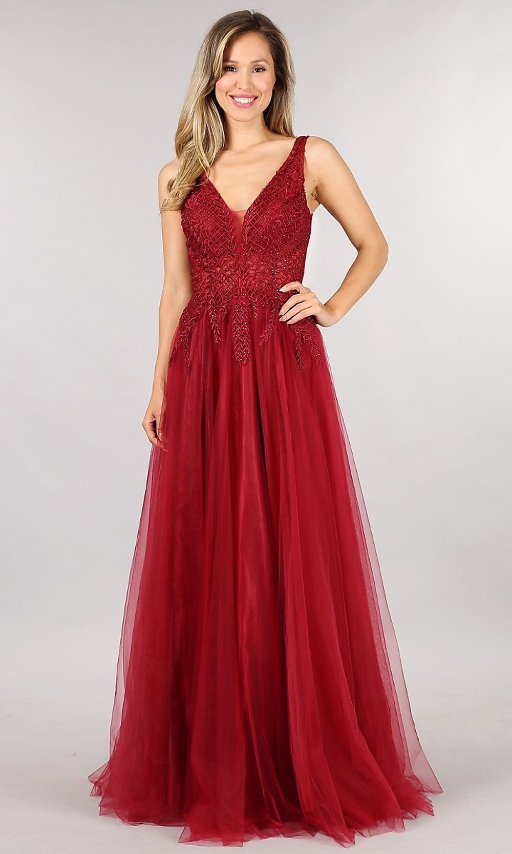 Burgundy Shail K V-Neck Long Embroidered Tulle Prom Dress