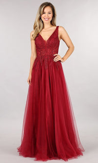 Burgundy Shail K V-Neck Long Embroidered Tulle Prom Dress