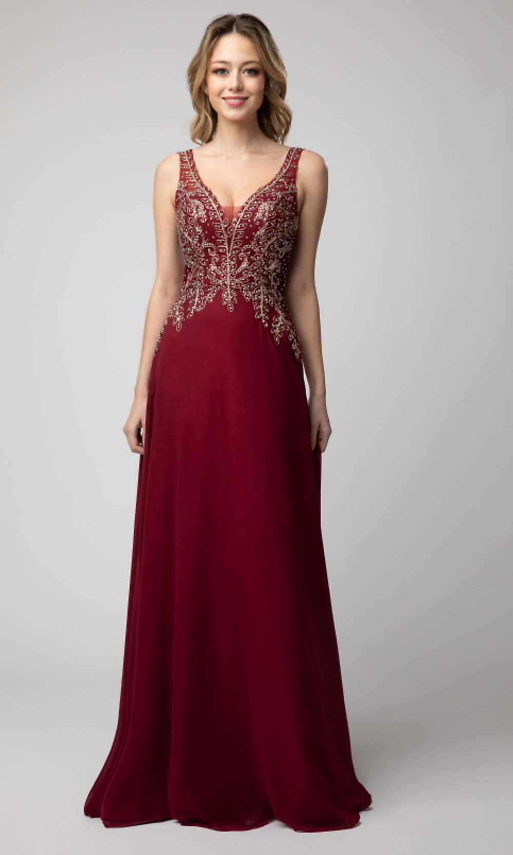 Burgundy Shail K Long Prom Dress with Beaded V-Neck Bodice