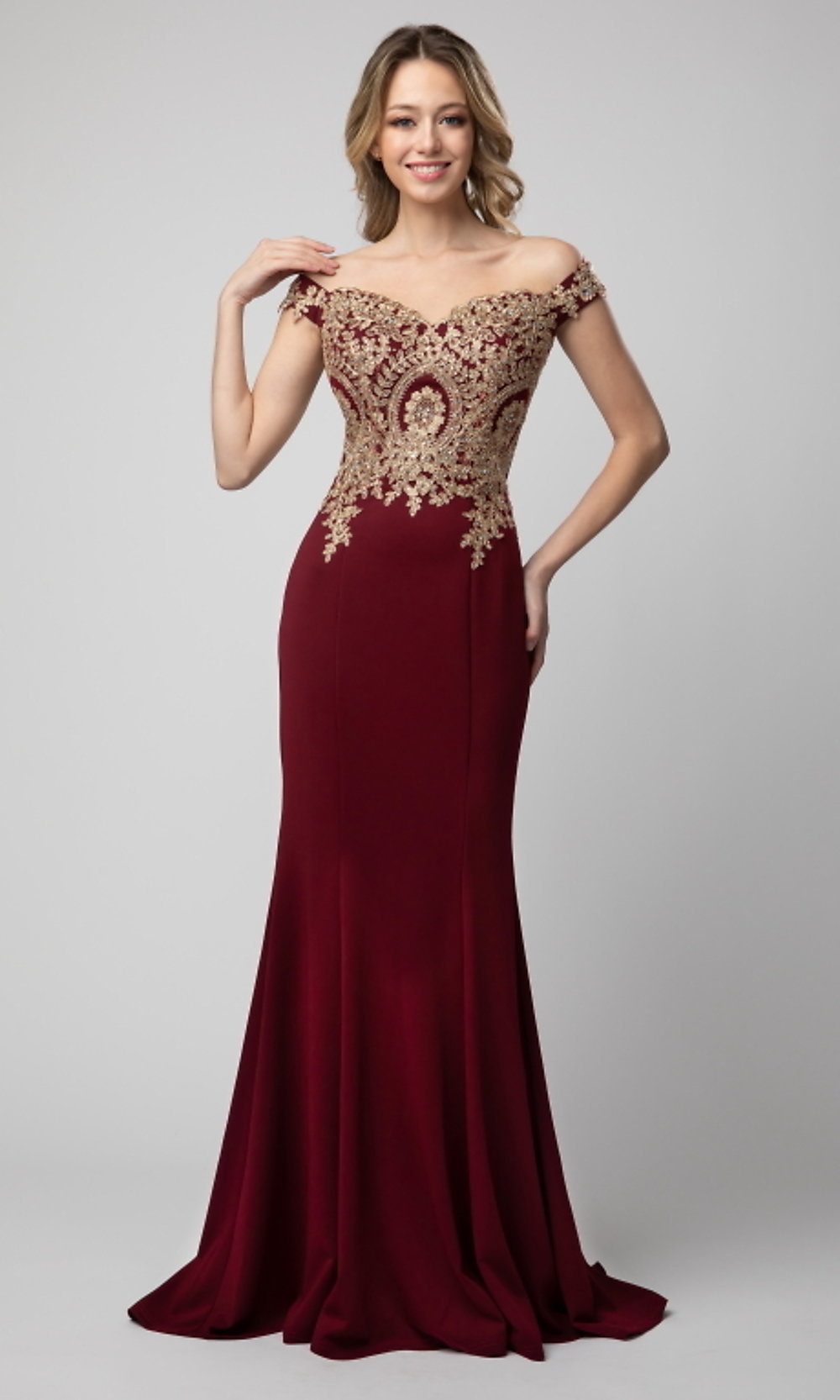 Burgundy Shail K Off-the-Shoulder Long Prom Dress