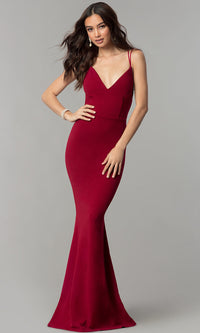 Burgundy Formal V-Neck Long Prom Dress with Open Back