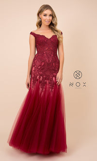 Burgundy/Nude Embroidered Illusion-Bodice Long Mermaid Prom Dress