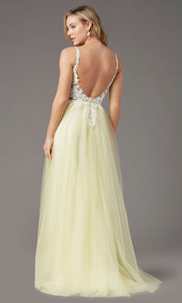 Butter/Ivory Long Tulle Embroidered-Bodice Prom Dress by PromGirl