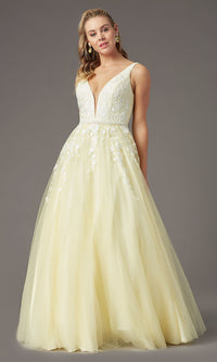 Butter/Ivory Long V-Neck Ball-Gown-Style Prom Dress by PromGirl