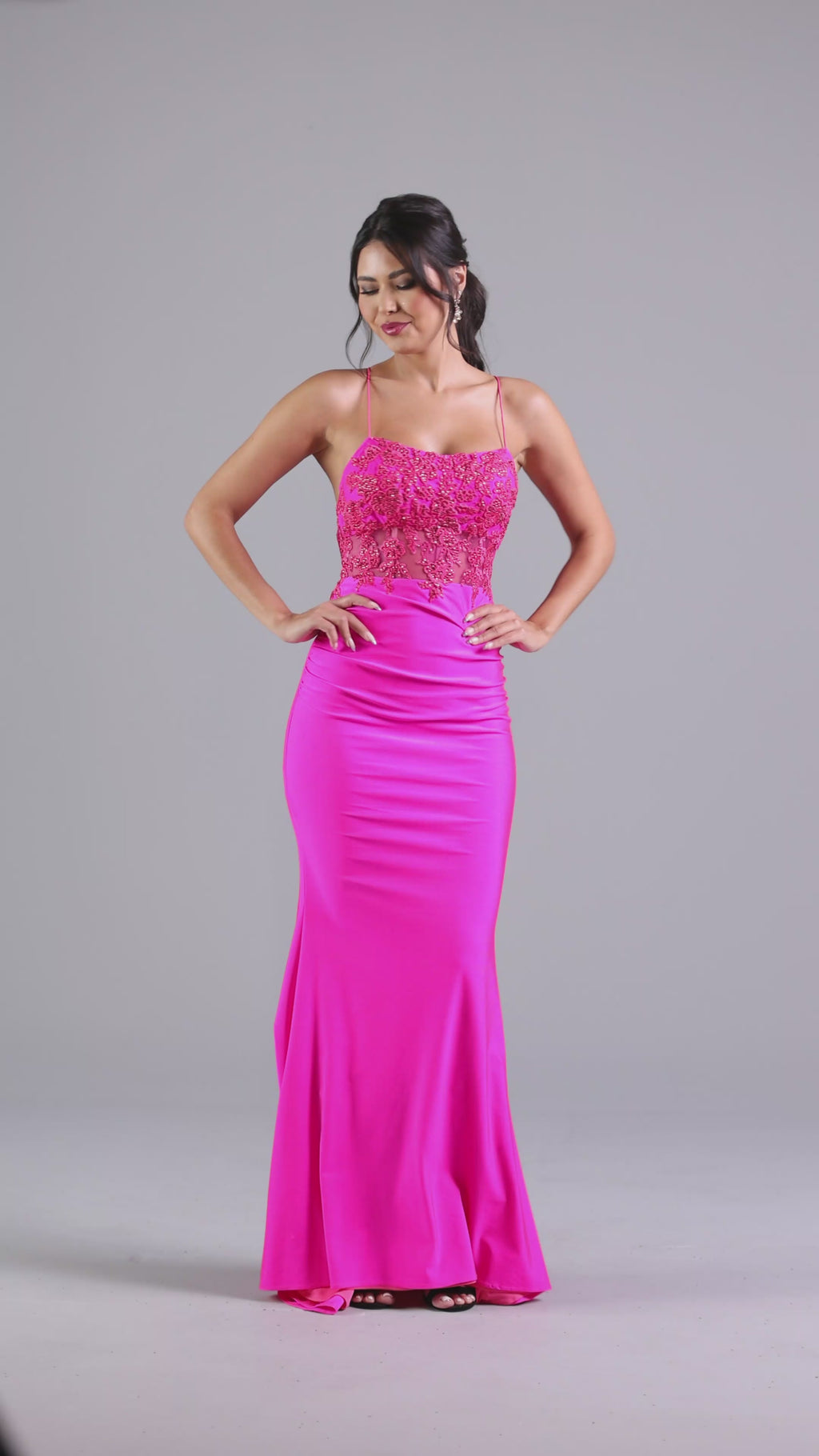 Hot Pink Long Formal Dress with Sheer Bodice