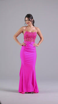 Hot Pink Long Formal Dress with Sheer Bodice