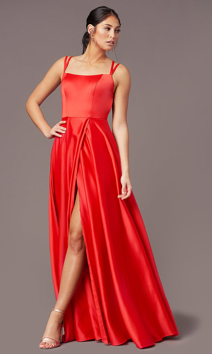 Candy Apple Square-Neck Long Satin Prom Dress by PromGirl