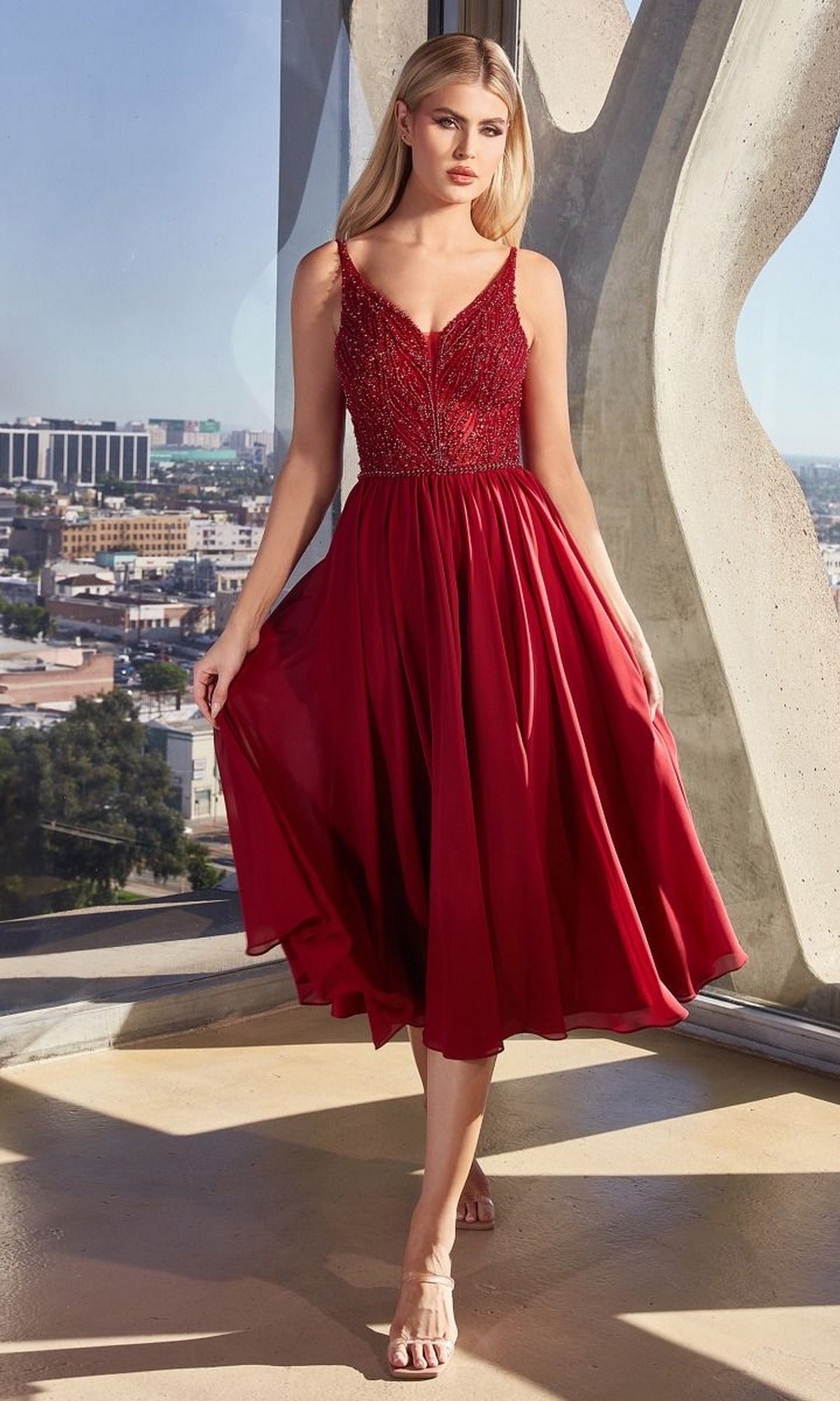 Burgundy Tea Length Party Dress CD0225 By Ladivine