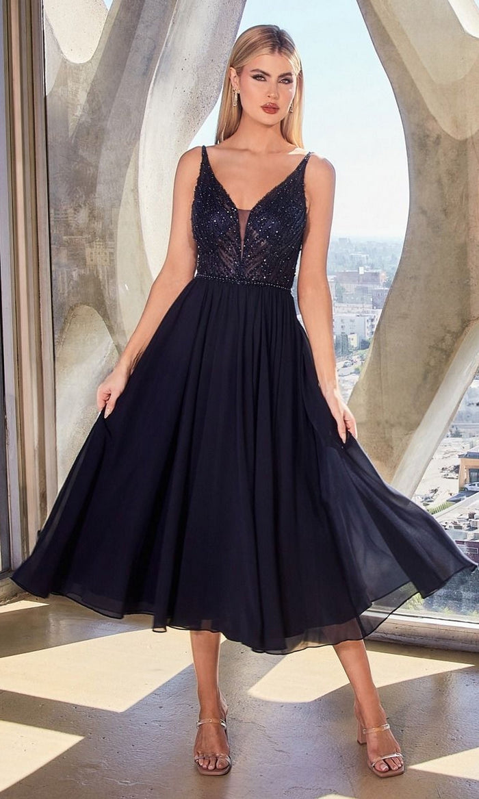 Navy Tea Length Party Dress CD0225 By Ladivine