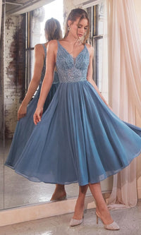 Smoky Blue Tea Length Party Dress CD0225 By Ladivine