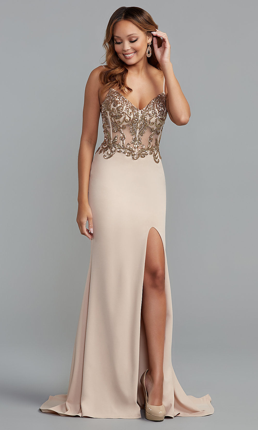 Champagne/Gold Long V-Neck Prom Dress with Sequined Sheer Bodice